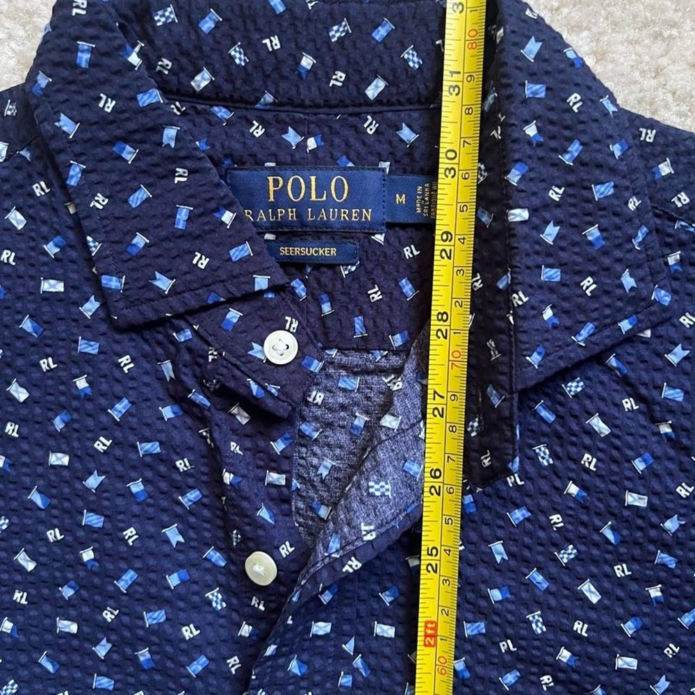 'Polo Ralph Lauren Seersucker Shirt Mens Medium Short Sleeve Button Up Navy